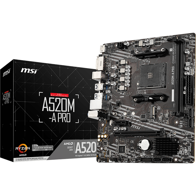 Материнская плата MSI AMD A520 sAM4, AM4, mATX, DDR4, DIMM, 64 ГБ ОЗУ, A520M-APRO