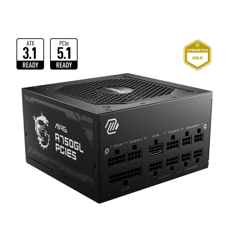 Блок питания MSI MAG A750GL PCIE5, 750 Вт, 80 PLUS Gold, ATX, активный PFC, вентилятор 120x120 мм, фото 2