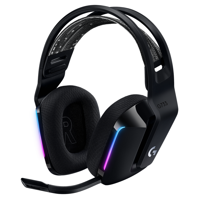 Гарнитура Logitech G733 LIGHTSPEED RGB BLACK, радиоканал, USB Type-A, накладные, чёрный, микрофон съёмный