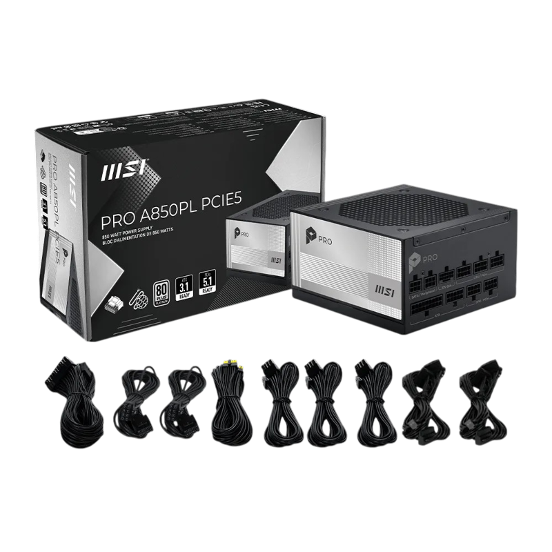 Блок питания MSI PRO A850PL PCIE5, 850 Вт, 80 PLUS Platinum, ATX, активный PFC, вентилятор 120x120 мм, фото 5