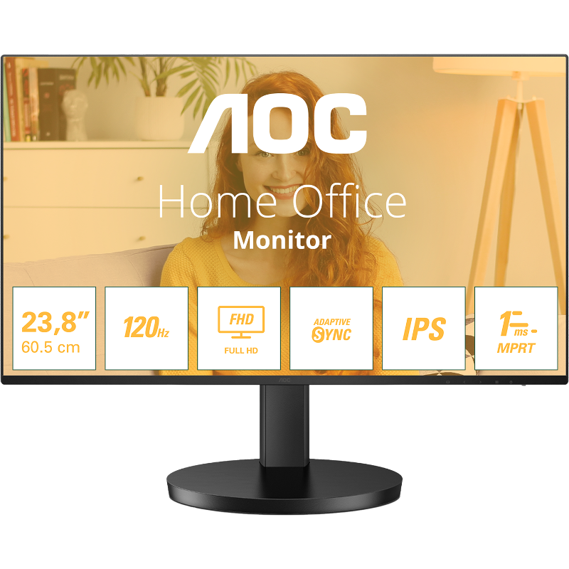 Монитор AOC 24B3HA2, 23.8 дюйма, 1920x1080, 100 Гц, IPS, чёрный, HDMI x 1, Jack 3.5 mm x 1, VGA x 1