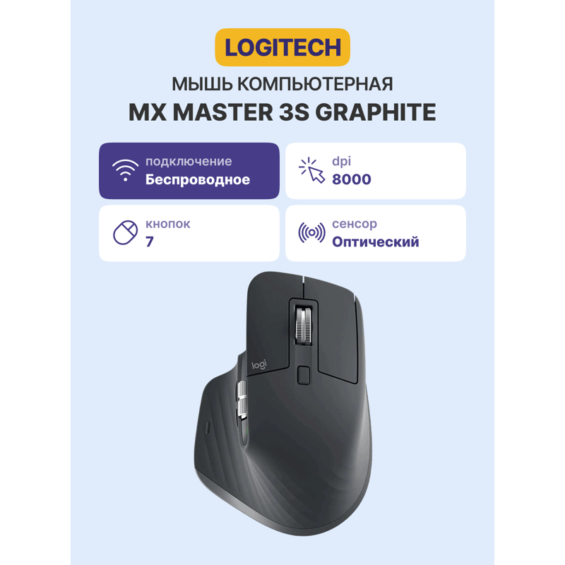 Мышь Logitech MX Master 3S GRAPHITE, Bluetooth, 8000 dpi, графит, фото 6