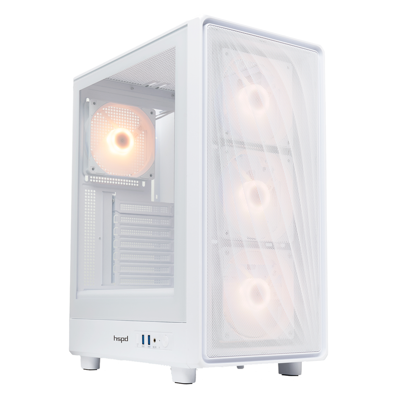 Корпус для ПК Hspd M510, Midi Tower, белый, под ATX, mATX, Mini-ITX, материал закалённое стекло, сталь