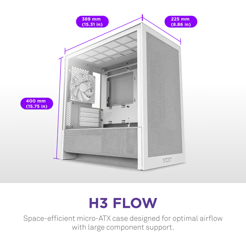 Корпус для ПК Nzxt H3 Flow, Midi Tower, белый, под mATX, mITX, материал закалённое стекло, сталь, фото 2