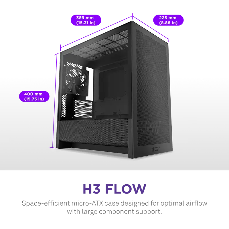 Корпус для ПК Nzxt H3 Flow, Midi Tower, чёрный, под mATX, mITX, материал закалённое стекло, сталь, фото 2