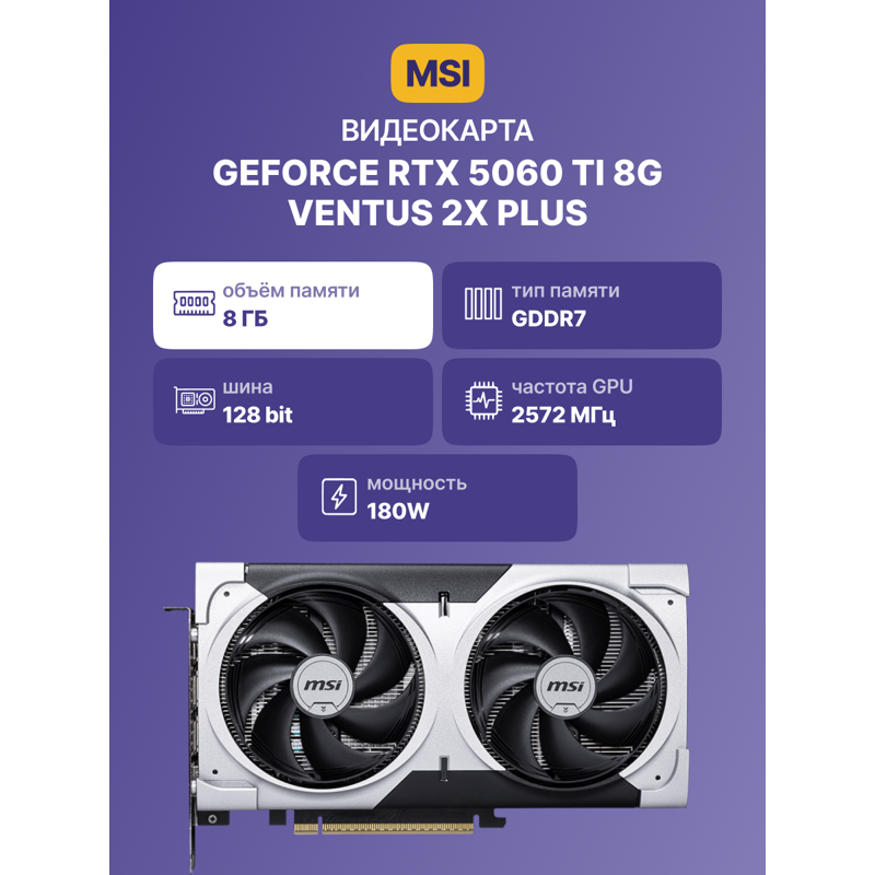 Видеокарта MSI GeForce RTX 5060 Ti 8G VENTUS 2X PLUS, NVIDIA GeForce RTX 5060 Ti, GDDR7, фото 2