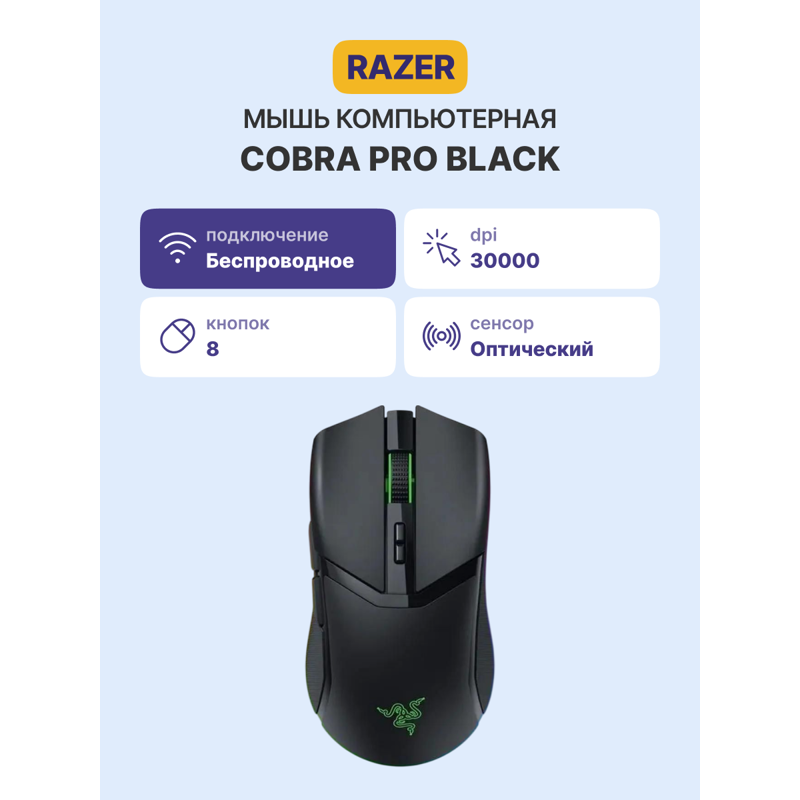 Мышь Razer Cobra Pro, радиоканал, 30000 dpi, чёрный, подсветка, фото 3