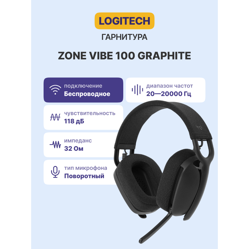 Гарнитура Logitech ZONE Vibe 100 - GRAPHITE, Bluetooth 5.2, полноразмерные, серый, микрофон поворотный, фото 2