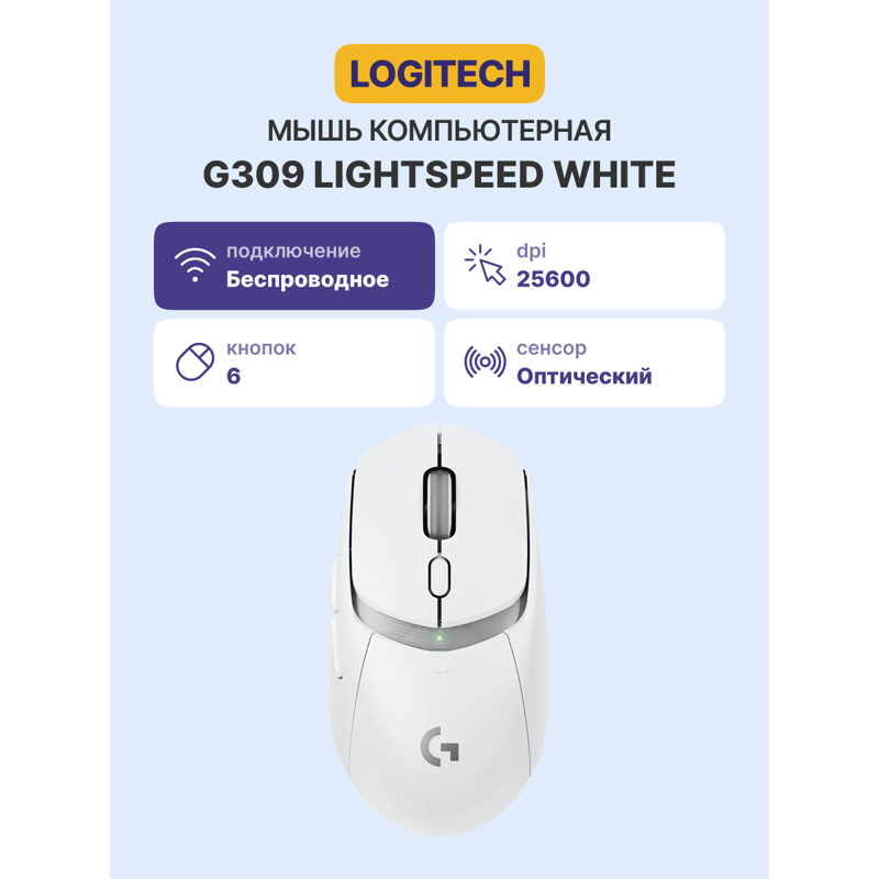Мышь Logitech G309 Lightspeed, Bluetooth, радиоканал, 25600 dpi, белый, фото 25