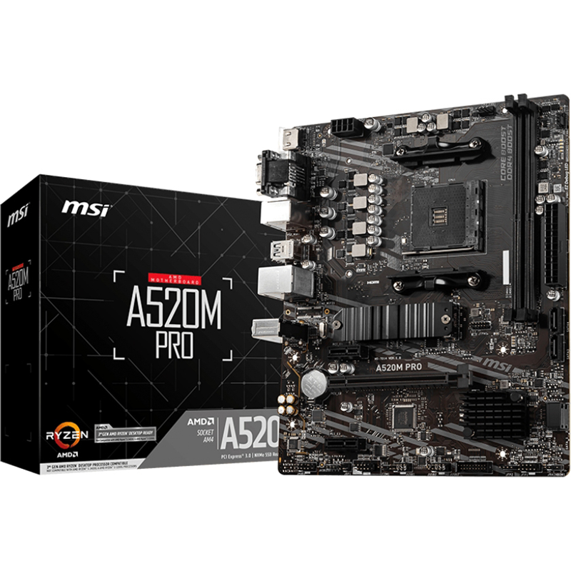 Материнская плата MSI AMD A520 sAM4, AM4, mATX, DDR4, DIMM, 64 ГБ ОЗУ, A520MPRO