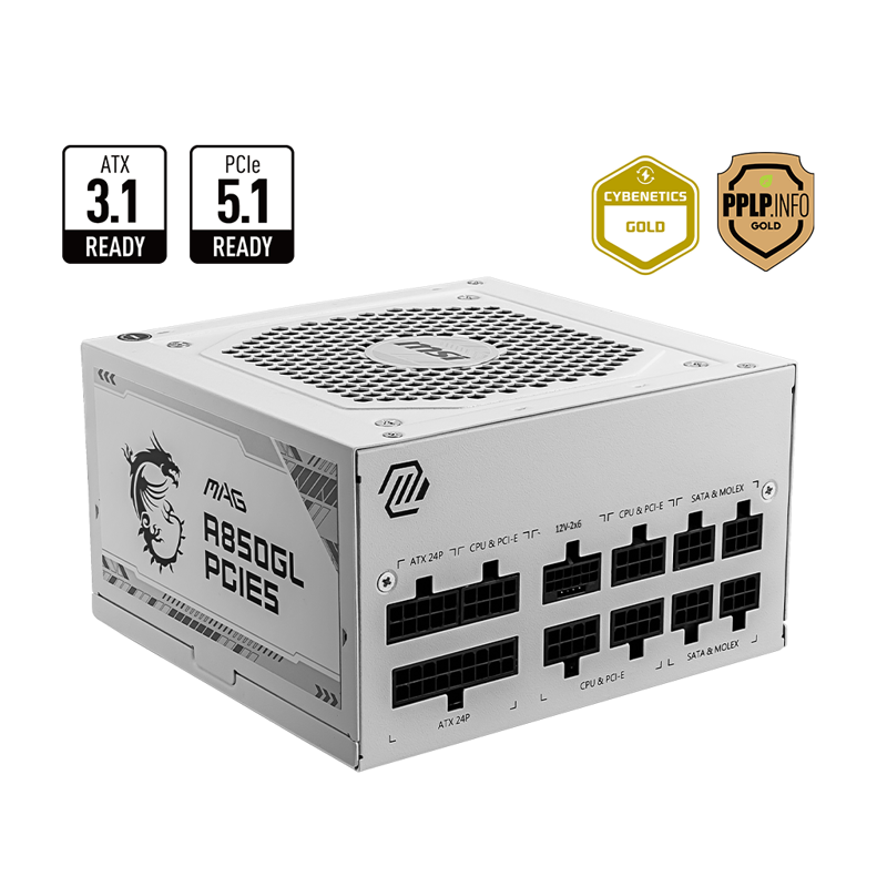 Блок питания MSI MAG A850GL PCIE5, 850 Вт, 80 PLUS Gold, ATX, активный PFC, вентилятор 120x120 мм, фото 2