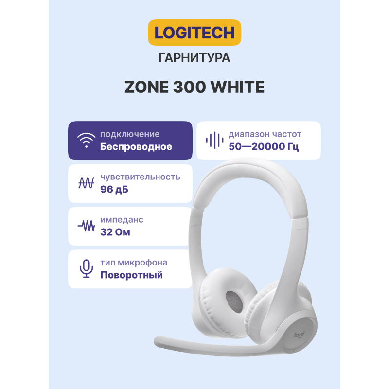 Гарнитура Logitech Zone 300, Bluetooth 5.3, накладные, белый, микрофон поворотный, для офиса, фото 28