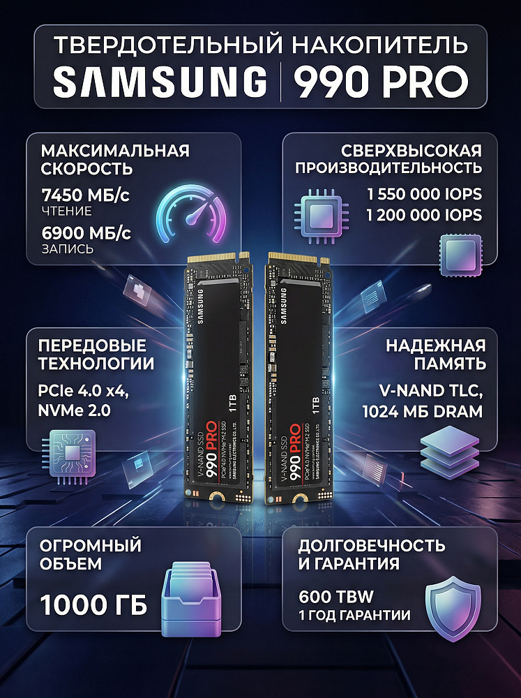 Твердотельный накопитель Samsung SSD 990 PRO, 1 ТБ, TLC, чтение 7450 МБ/с, 600 ТБ, MZ-V9P1T0BW