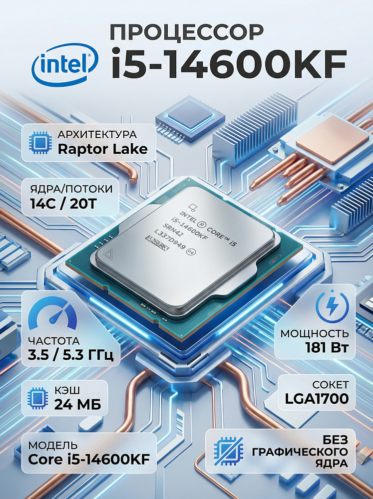 Процессор Intel Core i5-14600KF, LGA1700, OEM, 14 ядер, 20 потоков, до 5.3 ГГц, Raptor Lake, фото 2