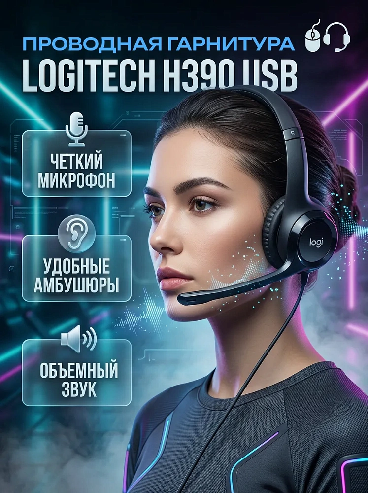 Гарнитура Logitech H390 USB, проводное подключение, USB Type-A, накладные, чёрный, 981-000406