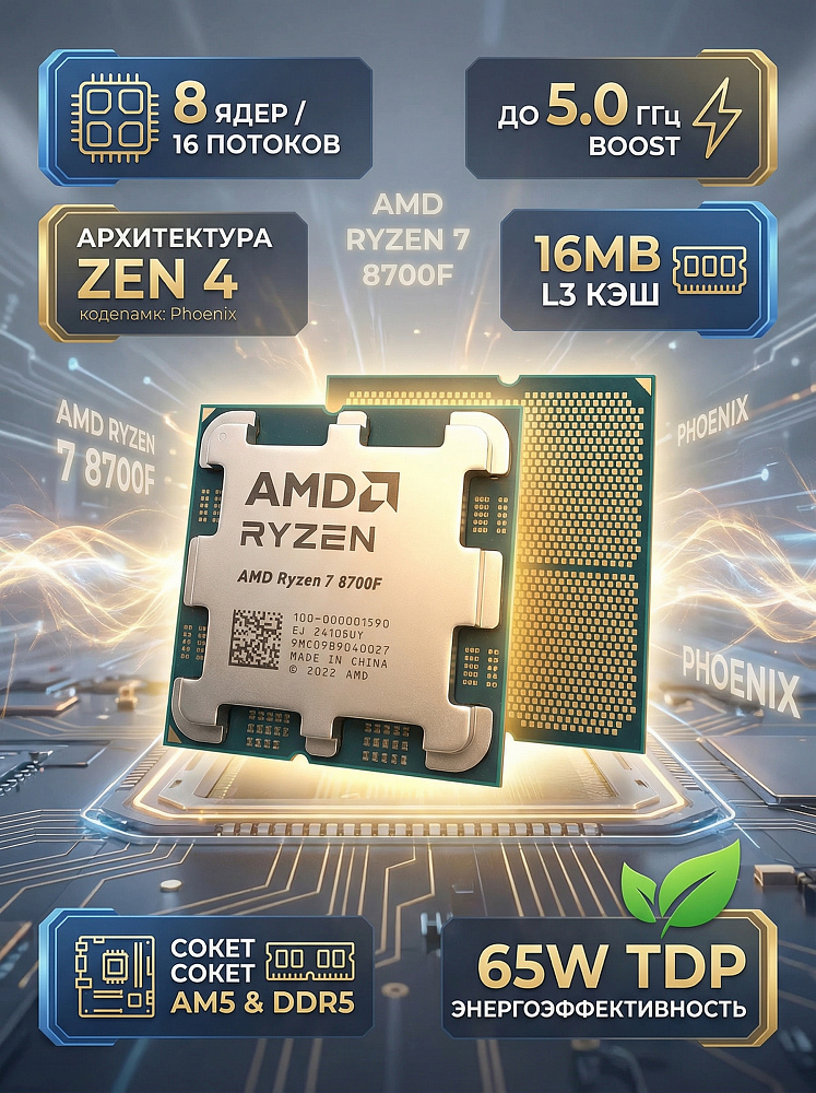 Процессор AMD Ryzen 7 8700F AM5, 8C/16T, 4.1/5.0 ГГц, 16 МБ, 65 Вт, OEM, фото 2