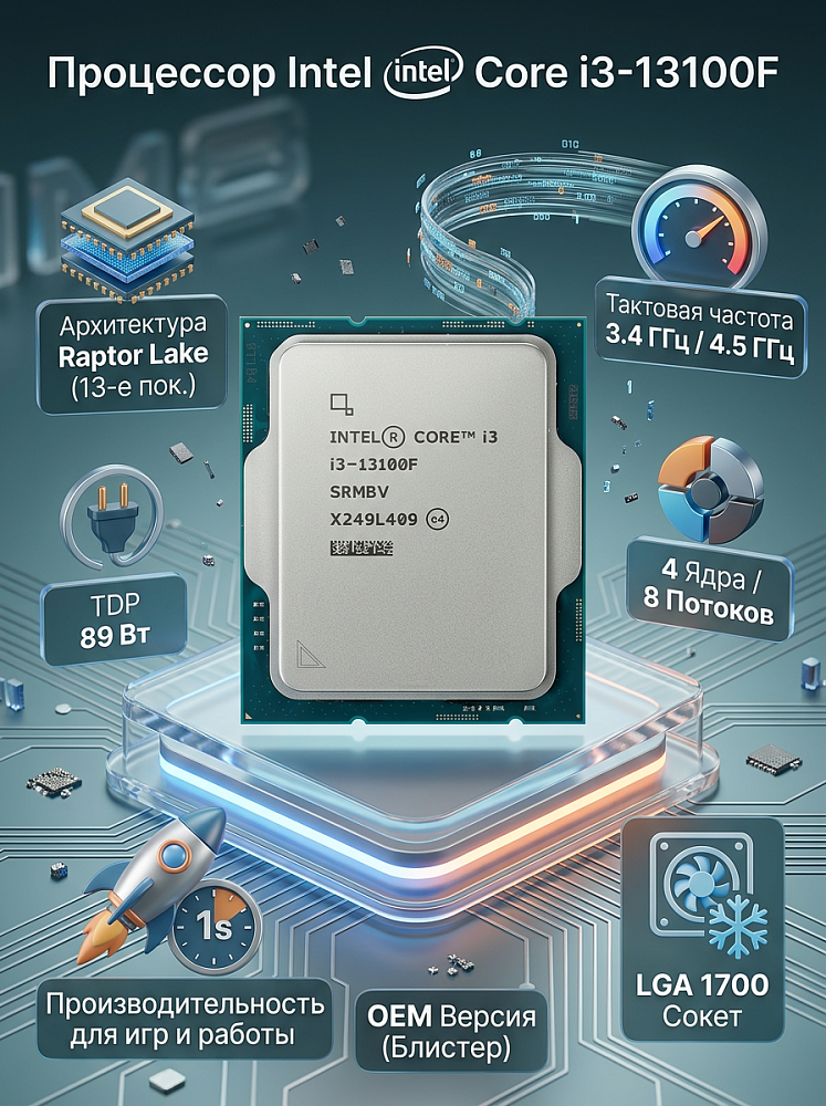 Процессор Intel Core i3-13100F, LGA1700, OEM, 4 ядра, 8 потоков, до 4.5 ГГц, кэш 5 МБ