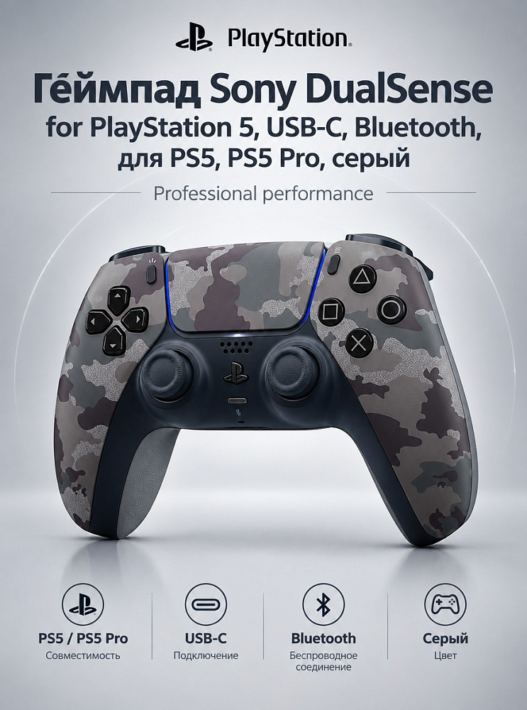 Геймпад Sony DualSense for PlayStation 5, USB-C, Bluetooth, для PS5, PS5 Pro, серый