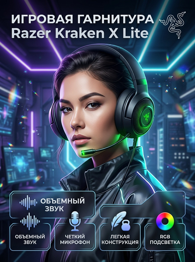 Гарнитура Razer Kraken X Lite, проводное подключение, Mini-jack, полноразмерные, чёрный