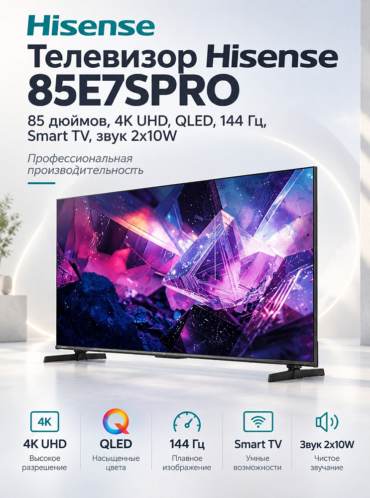 Телевизор Hisense 85E7SPRO, 85 дюймов, 4K UHD, QLED, 144 Гц, Smart TV, звук 2х10W