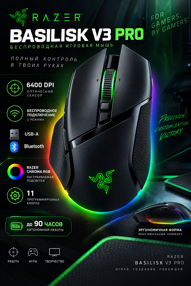 Мышь Razer Basilisk V3 Pro, USB-A, Bluetooth, 6400 dpi, чёрный, подсветка