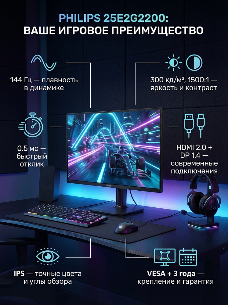 Монитор Philips 25E2G2200, 24.5 дюйма, 1920x1080, 144 Гц, IPS, чёрный, DP 1.4 x 1, HDMI 2.0 x 1 и др., фото 3
