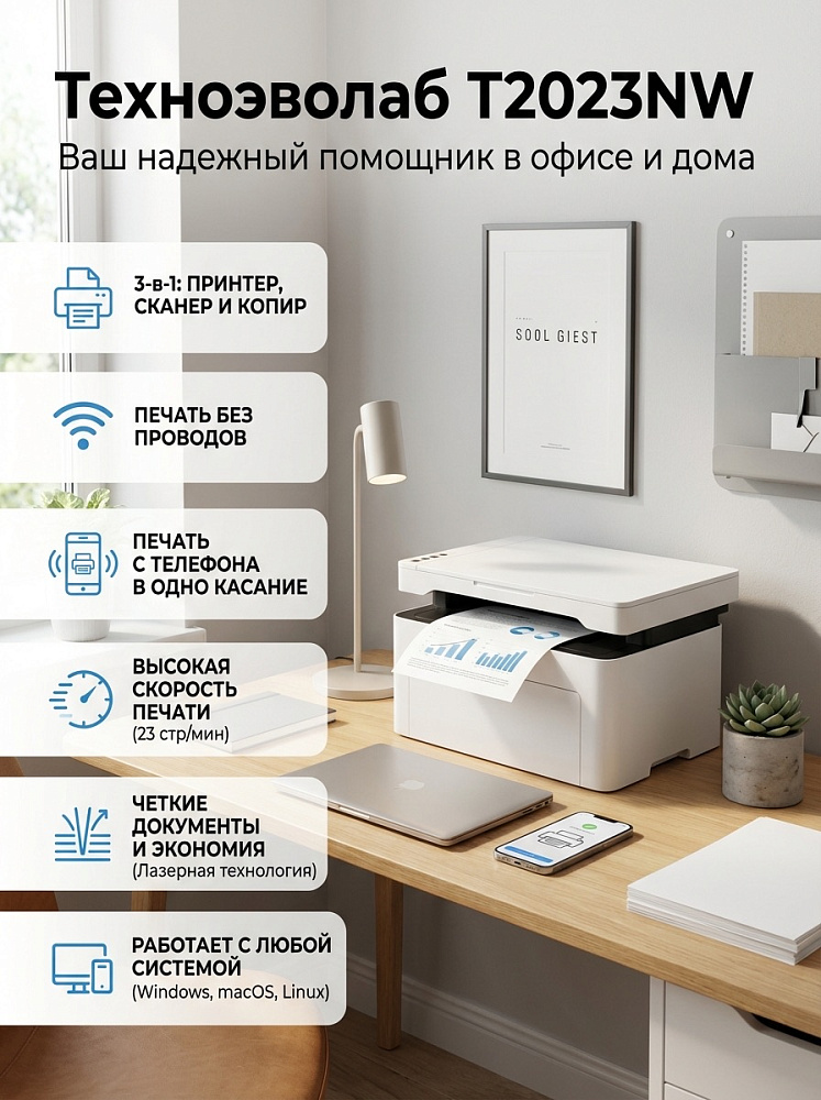 МФУ лазерное Техноэволаб T2023, A4, черно-белая печать, 23 стр./мин, двусторонняя печать, USB, Wi-Fi, LAN, фото 2