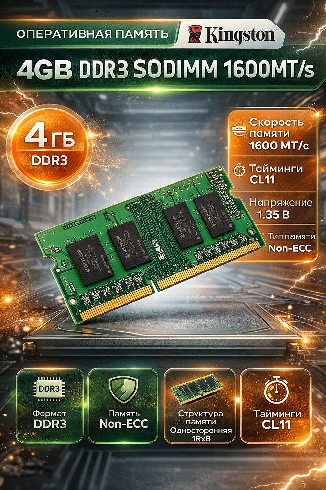Оперативная память Kingston KVR16S11S8/4WP, 4 ГБ, DDR3, 1600 МГц, SO-DIMM, PC3-12800, CL11
